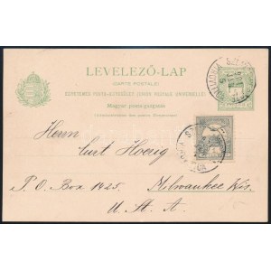 1901 5f UPU díjjegyes levelezőlap Turul 1f kiegészítéssel az Egyesült Államokba / 5f PS...