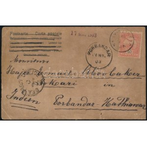 1903 Képeslap Turul 10f bérmentesítéssel Indiába küldve, báró Sennyey Irma levelezéséből / Postcard to India NAGY...