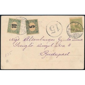 1903 Turul 5f képeslapon, megportózva 5f és 10f bélyeggel, BÉCS-BUDAPEST vasúti bélyegzéssel ...