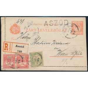 1905 Ajánlott díjjegyes zárt levelezőlap díjkiegészítéssel, ASZÓD vasúti bélyegzéssel / Registered PS...