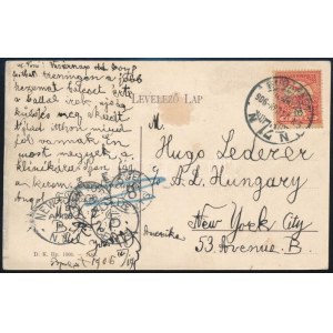 1906 Budapest Kígyó-tér képeslap Turul 10f bérmentesítéssel New Yorkba küldve, ott többszörösen megportózva ...