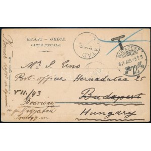 1907 Képeslap Görögországból Budapestre, ott megportózva majd továbbküldve Bodviczára ...
