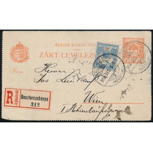 1908 Ajánlott 10f díjjegyes zárt levelezőlap Turul 25f díjkiegészítéssel Besztercebányáról Bécsbe / Registered 10f PS...