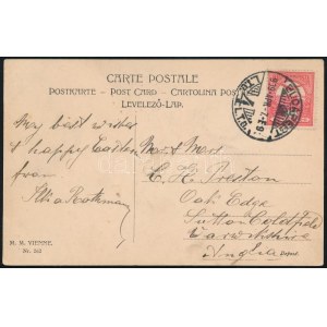 1909 Képeslap Turul 10f bérmentesítéssel Angliába / Postcard to England from Budapest