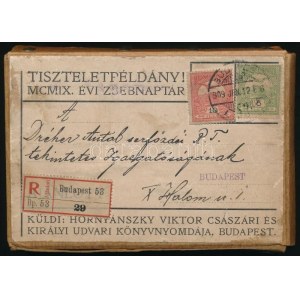 1909 Budapest helyi ajánlott túlsúlyos küldemény, benne zsebnaptár ...