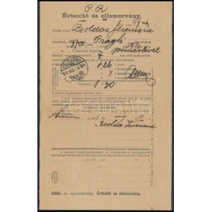 1911 Értesítő és elismervény 1,30K portóval és utánvételi díjjal terhelt 3.700K értékű pénzes levél érkezéséről ...