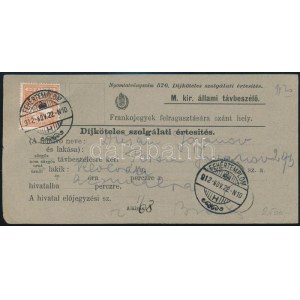 1912 Díjköteles szolgálati értesítés Turul 30f bérmentesítéssel / Advance notification about telephone call ...