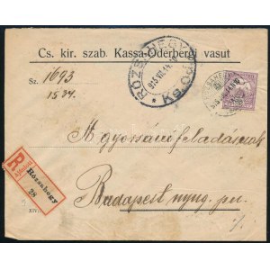 1915 Ajánlott levél RÓZSAHEGY vasúti bélyegzéssel / Registered cover with railway postmark