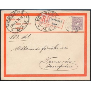 1916 35f díjjegyes ajánlott boríték / Registered PS-cover VERSECZ / M.Á.V.