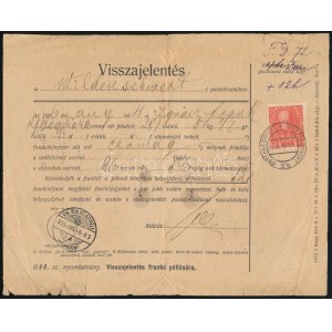 1916 Visszajelentési nyomtatvány franko pótlására, a csomagot 96f helyett csak 86f-ig bérmentesítették...