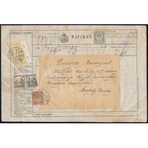 1917 Távirat 1,04K bérmentesítéssel Kassáról Budapestre (szakadás) / Telegram with 1,04K franking KASSA (torn...
