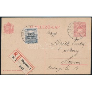 1919 Nemzeti hadsereg 25f bélyeggel kiegészített 10f díjjegyes levelezőlap helyi ajánlott küldeményként SOPRON ...