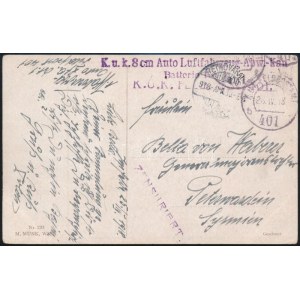 1918 Tábori posta képeslap / Field postcard K.u.k. 8 cm Luftfahrzeug Abw. Kan. Batterie No.1. + FP 401 b...