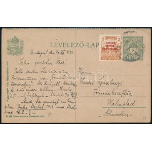 1919 8f díjjegyes levelezőlap Magyar Tanácsköztársaság 2f díjkiegészítéssel Svédországba / PS...