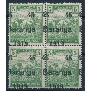 Baranya I. 1919 Arató 45f/5f négyestömb elcsúszott felülnyomással / Mi 40 block of 4 with shifted overprint. Signed...