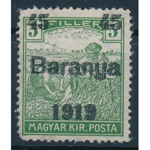 Baranya I. 1919 Arató 45f/5f kettős felülnyomással / Mi 40 with double overprint. Signed: Bodor