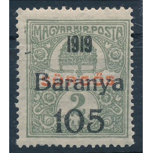 Baranya I. 1919 Sürgős 105f/2f lemezhibával / Mi 42 with plate variety. Signed: Bodor