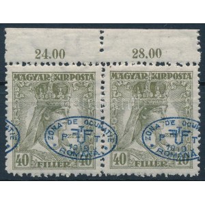 Debrecen I. 1919 Zita 40f pár elcsúszott felülnyomással / Mi 41 pair with shifted overprint. Signed...