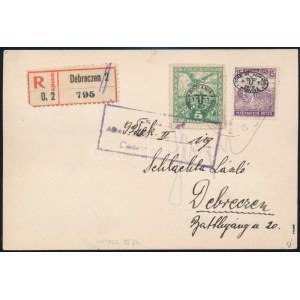 1920 Debrecen helyi ajánlott levél 10 db megszállási bélyeggel, ritka román cenzúrával ...