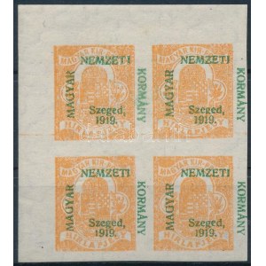 Szeged 1919 Hírlapbélyeg négyestömb elcsúszott felülnyomással / Mi 1 block of 4 with shifted overprint. Signed...
