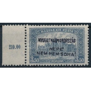 Nyugat-Magyarország IV. 1921 Parlament 3,50K hármaslyukasztással / Mi 42 with 3 hole punching. Signed: Bodor (ex Király...