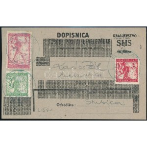 1918 SHS levezőlap jugoszláv bélyegekkel / SHS postcard with Yugoslav stamps. Signed: Bodor