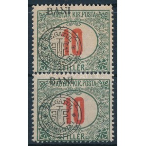 Kolozsvár 1919 Portó 10f pár elcsúszott felülnyomással / Mi P 6 I. pair with shifted overprint. Signed...