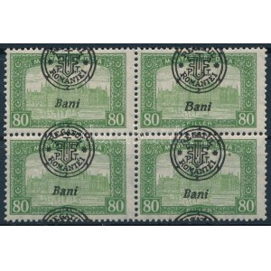 Nagyvárad 1919 Parlament 80f négyestömb elcsúszott felülnyomással / Mi 39 II block of 4 with shifted overprint. Signed...