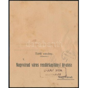 1919 Nagyváradi rendőrkapitányi hivatal tértivevénye román cenzúrával ...