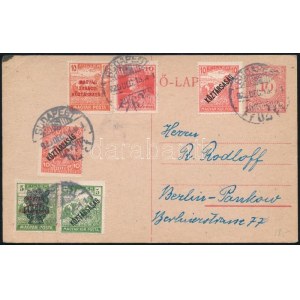 1920 10f díjjegyes levelezőlap 6 bélyeges díjkiegészítéssel Berlinbe / PS...