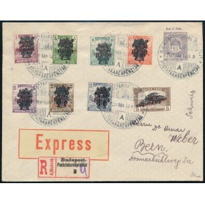1920 Ajánlott expressz díjjegyes levél Budapestről Svájcba 8 bélyeggel kiegészítve / Registered express PS...
