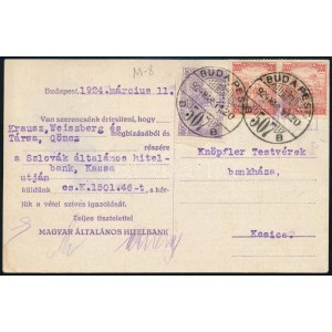 1924 Levelezőlap céglyukasztásos bélyegekkel Kassára / Postcard with perfin stamps