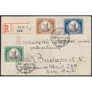 1925 Ajánlott levél Jókai sorral / Mi 398-400 on registered cover