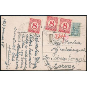 1927 Képeslap Uruguayból Tolnalengyelbe, 24f portóval / Postcard from Uruguay to Hungary...
