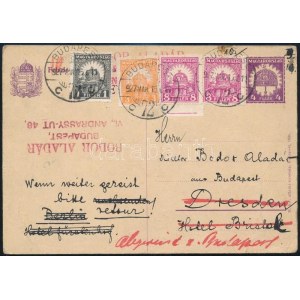 1927 4f díjjegyes levelezőlap 4 bélyeges kiegészítéssel Budapestről Drezdába, majd visszaküldve / PS...