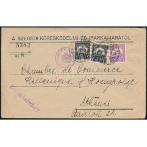 1928 Nyomtatvány 3 db Pengő-fillér bélyeggel bérmentesítve Szegedről Athénba ...