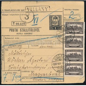 1930 Szállítólevél 4 x 50f bélyeggel VILLÁNY + 3-as számbélyegzéssel / Parcel card