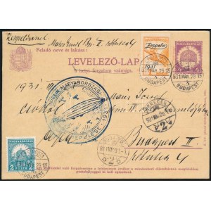 1931 Magyarországi körrepülés: légi levelezőlap Zeppelin 1P kiegészítéssel és alkalmi bélyegzéssel ...