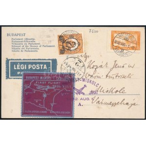 1932 Budapest-Miskolc I. légijárat levélzáró légi képeslapon / Label on airmail postcard