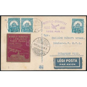 1932 Légi képeslap MISKOLC-BUDAPEST, levélzáróval / Airmail postcard with label
