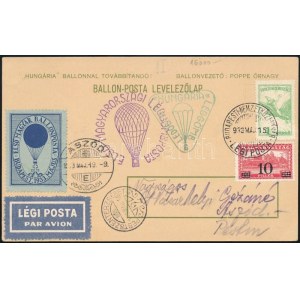 1933 Első Magyar Ballonposta levélzáró légi levelezőlapon / Label on airmail postcard