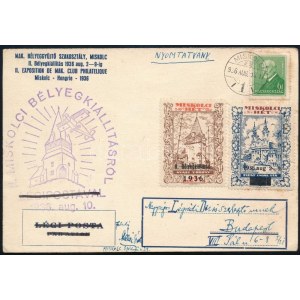 1936 Miskolci hét 2 klf levélzáró futott levelezőlapon / 2 different label on postcard
