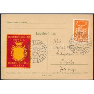 1937 II. Szolnoki Bélyegkiállítás levélzáró futott levelezőlapon / Postcard with label