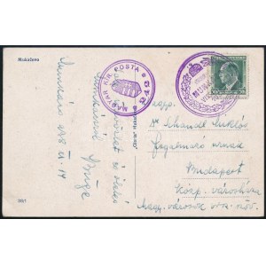 1938 Képeslap Csehszlovákiából Budapestre MUNKÁCS VISSZATÉRT + MAGYAR KIR. POSTA 242 gumi bélyegzéssel ...