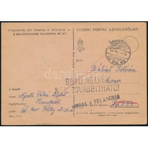 1944 Tábori posta levelezőlap, visszaküldve / Field postcard, returned BETŰ NÉLKÜL NEM TOVÁBBÍTHATÓ...