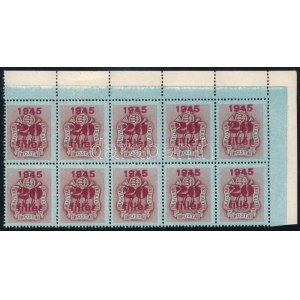 1945 Kisegítő portó 20f/6f ívsarki 10-es tömb (40.000) / Mi P 166 corner block of 10