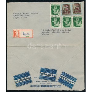 1945 (2. díjszabás) Ajánlott levél 6 db bélyeggel és 3 levélzáróval ...