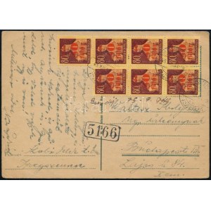 1945 (35 díjszabás) Levelezőlap 7 db bélyeggel és készpénzes bérmentesítéssel ...