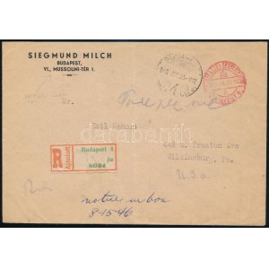 1946 (27. díjszabás) Ajánlott levél készpénzes bérmentesítéssel az Egyesült Államokba ...