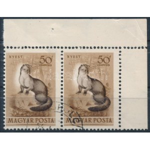 1953 Erdei állatok 50f ívsarki pár a nyest elcsúszásával / Mi 1288 corner pair, shifted marten